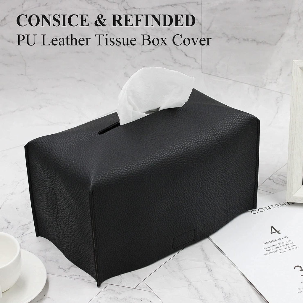 Tissue Box Cover,Modern PU Leather Rectangular Tissue Box Holder - Decorative Holder/Organizer for Bathroom Vanity Countertop, Night Stands, Office Desk -  rectangular black