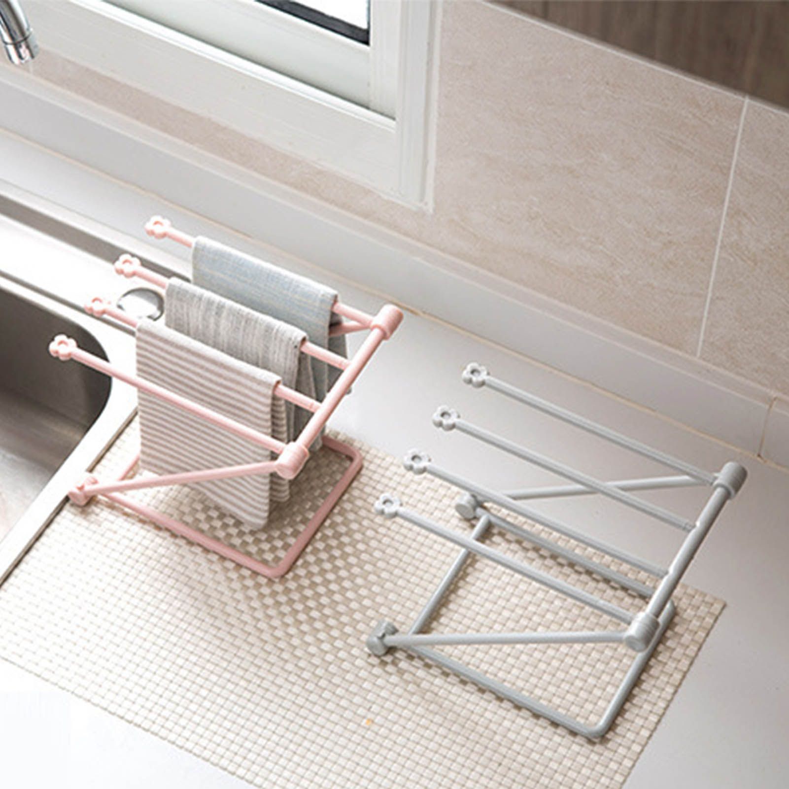 Countertop Dishcloth Drying Rack 4 Arms Folding Vertical Hand Towel Stand Dish Rag Storage Holder for Kitchen Light Gray