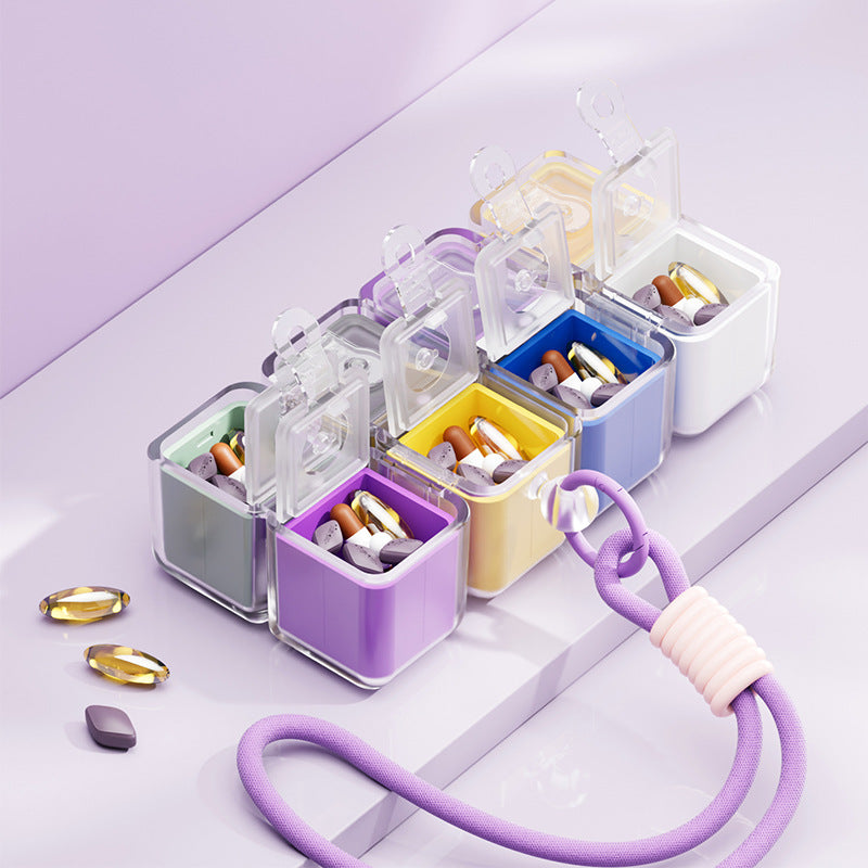 Purple 8-Grid Magic Cube Pill Box with Lanyard - Portable Weekly Sealed Tablet Organizer & Dispenser