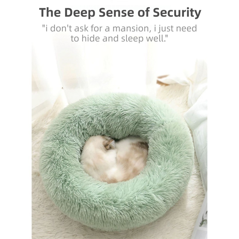Pink Cozy Donut Long Plush Cat & Dog Calming Bed(Diameter 50cm) - Double-Layer PP Cotton Filling Warming Pet Bed with Anti-Slip Base & Free Blanket