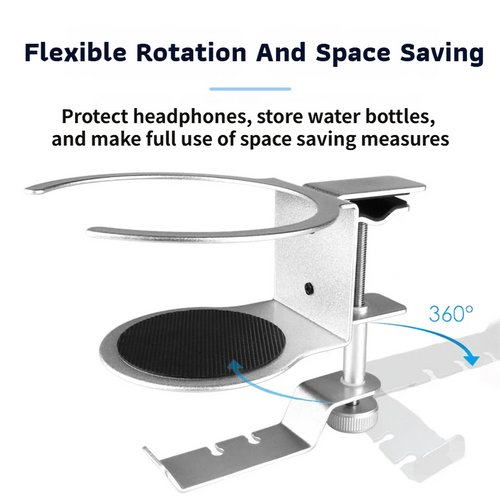 2-in-1 Under-Desk Metal Headphone Hanger &  Anti-Spill Cup Holder - No-Drill Heavy-Duty Desk Adjustable Clamp and 360° Swivel Hook